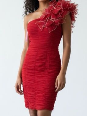 NWT- JOVANI - SEXY 👠RED ONE SHOULDER COCKTAIL DRESS /texture RUCHING